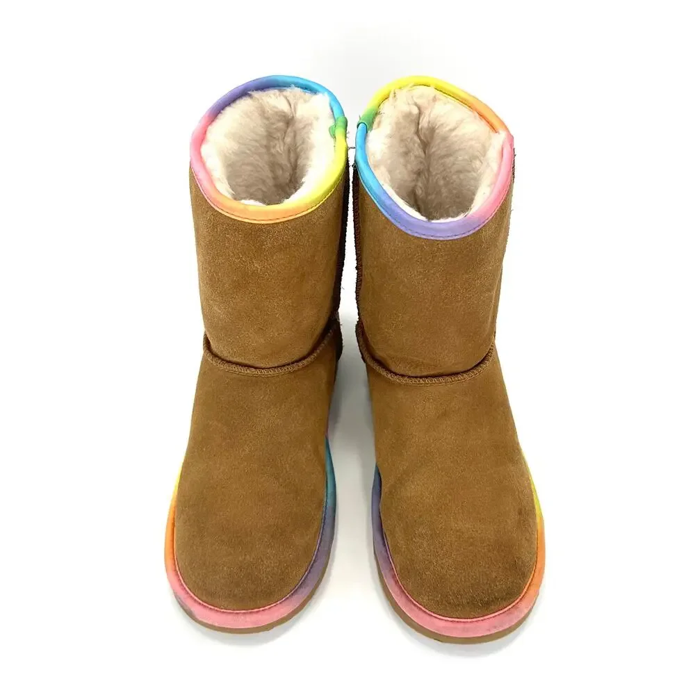 UGG Big Kids Classic Short Rainbow Winter Boot Size 6 Tan Leather Cold Weather